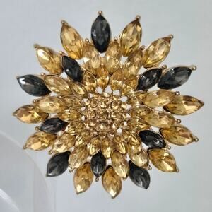 Vintage Brooch Sunflower Gold Tone Smokey Navettes Rhinestones Hollywood Regency